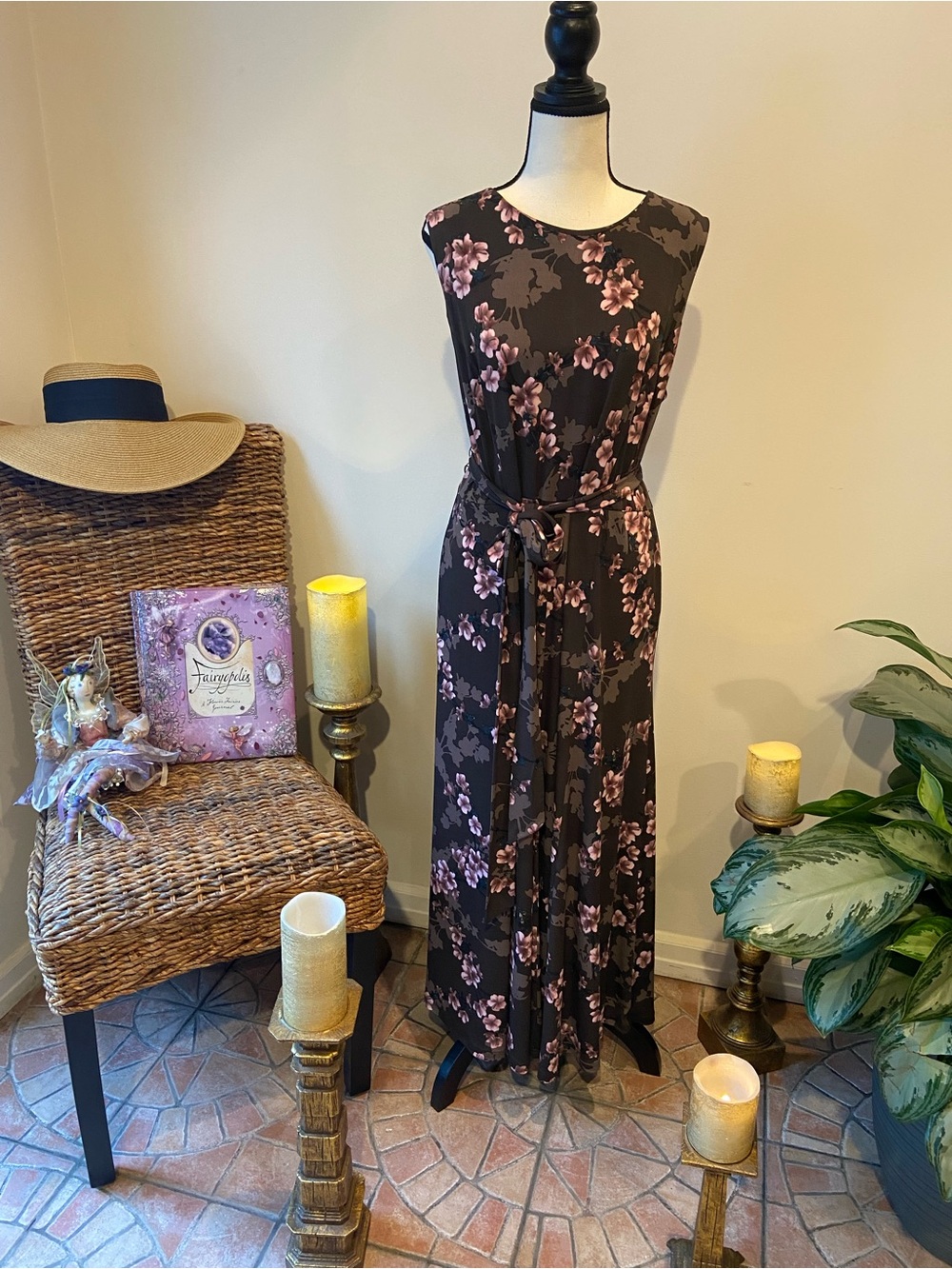 Shelby & Palmer Black Maxi Dress with Pink Floral Print and Tie Waist